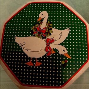 Set Of 3 Octagonal Christmas Canister Nesting Tins Geese Red Ribbons